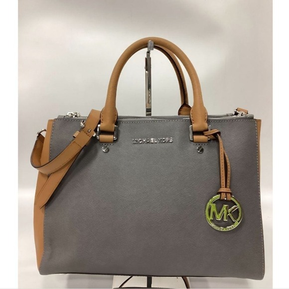 Michael Kors Handbags - Michael Kors Sutton Medium Satchel Grey Tan Saffiano Leather Handbag Crossbody